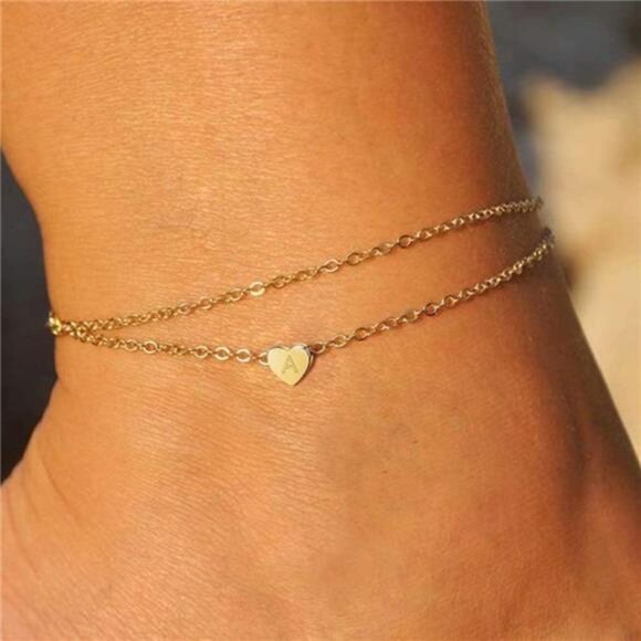 Heart Initial Ankle Bracelets for Women, 14K Gold Filled Handmade Dainty Layered - Picture 4 of 7